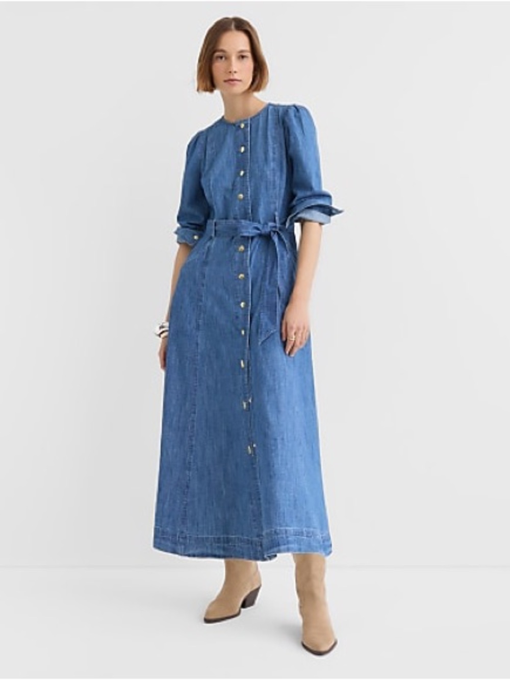 Chambray Balloon Sleeve Midi Pocket Dress